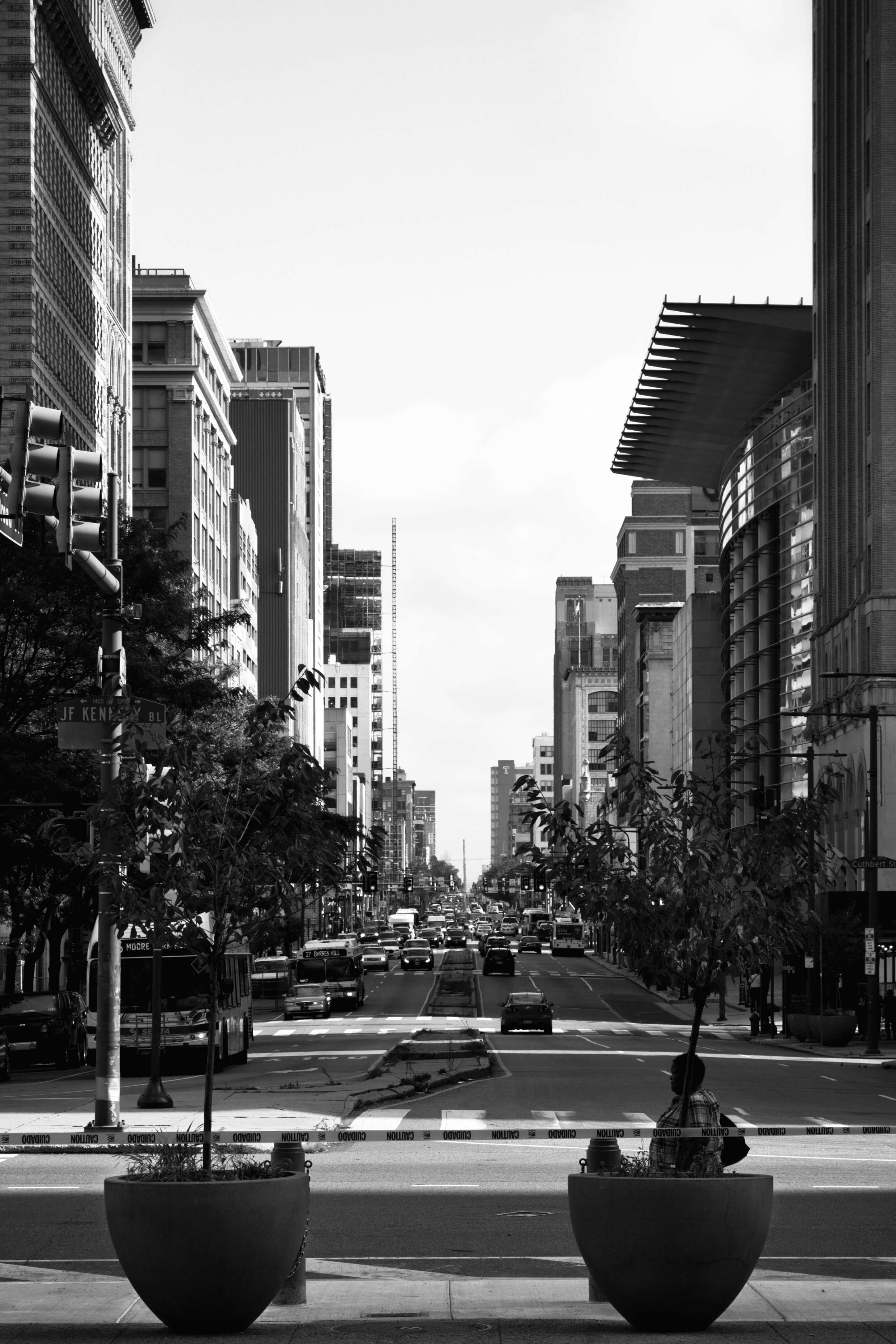 Black and white photo of a busy street
